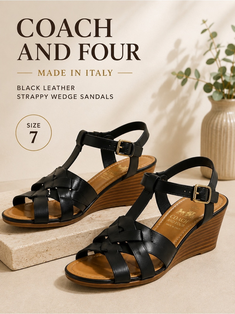 Coach and Four Made in Italy Black Leather Strappy Wedge Sandals Size 7